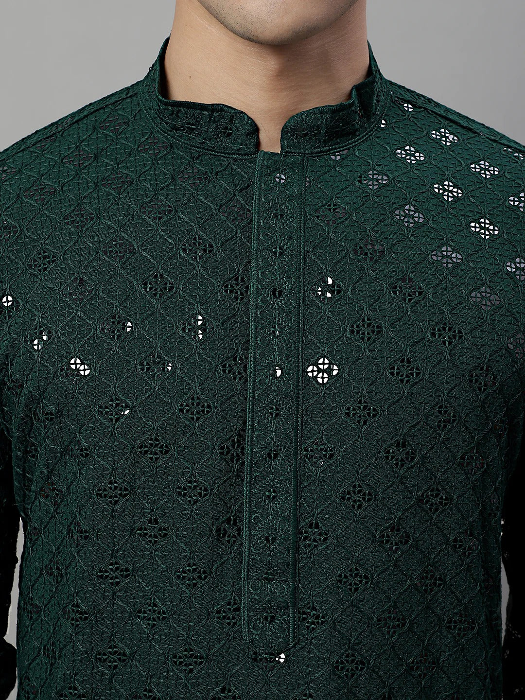 Men Dark Green Chikankari Kurta