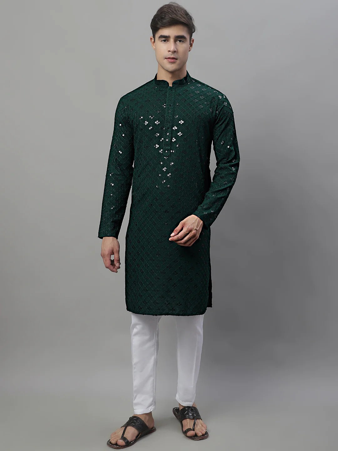 Men Dark Green Chikankari Kurta