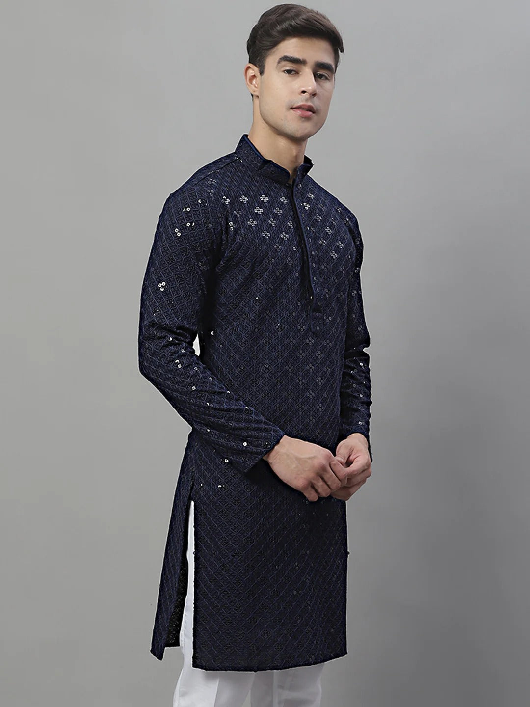 Men Navy Blue Chikankari Kurta