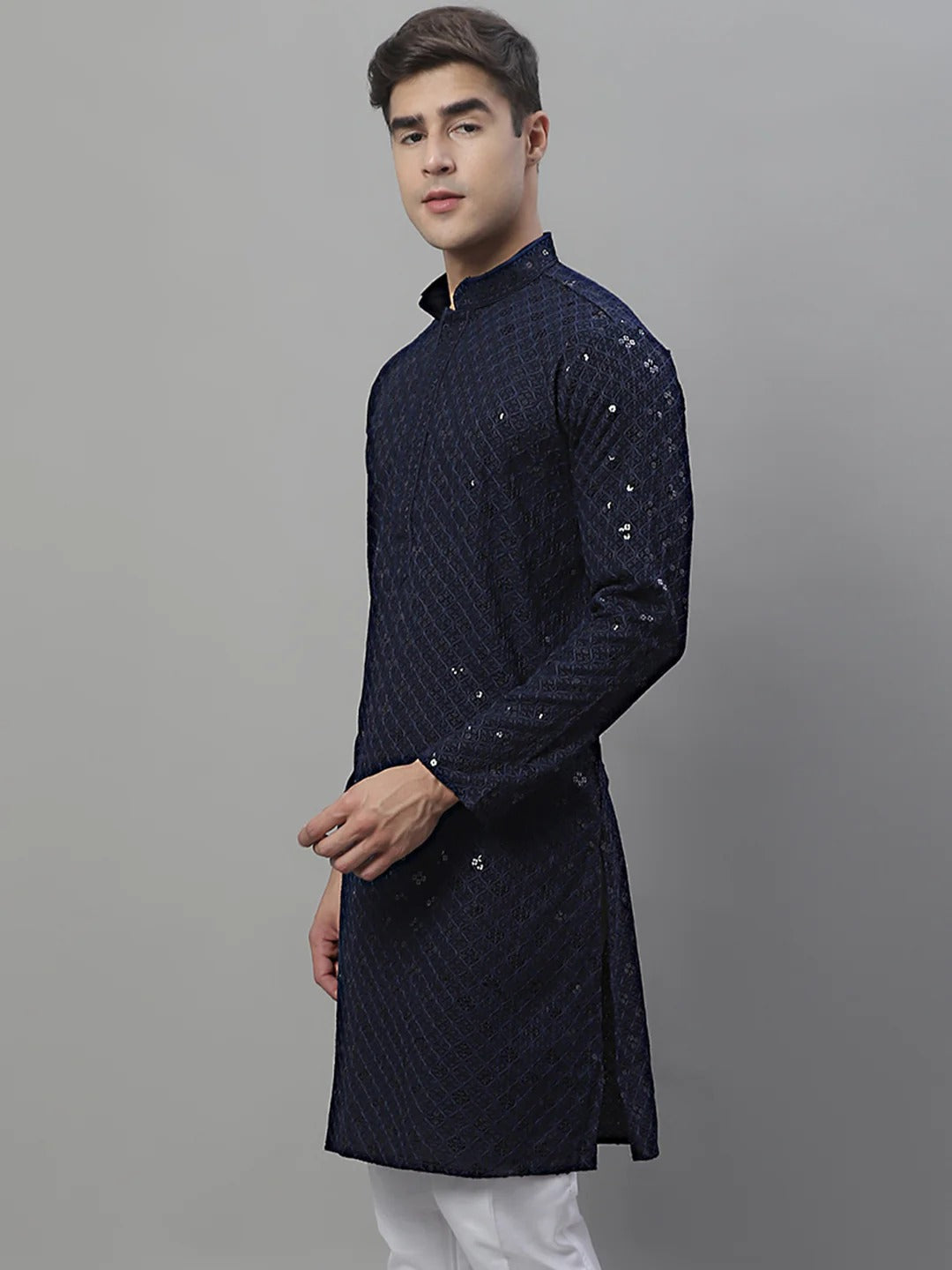 Men Navy Blue Chikankari Kurta