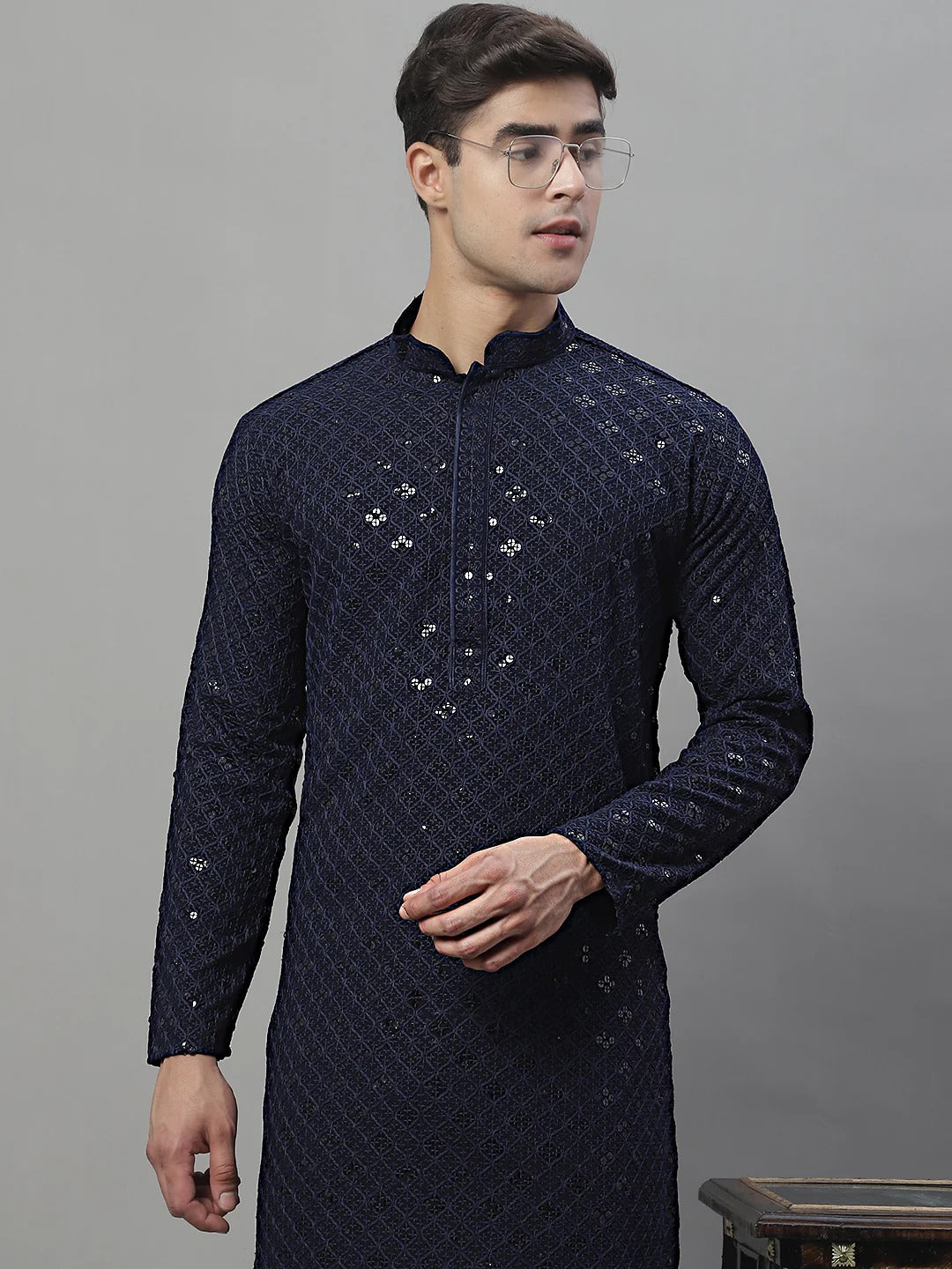 Men Navy Blue Chikankari Kurta