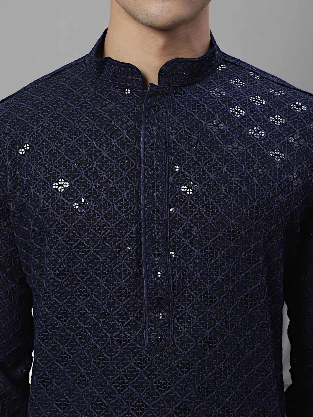 Men Navy Blue Chikankari Kurta