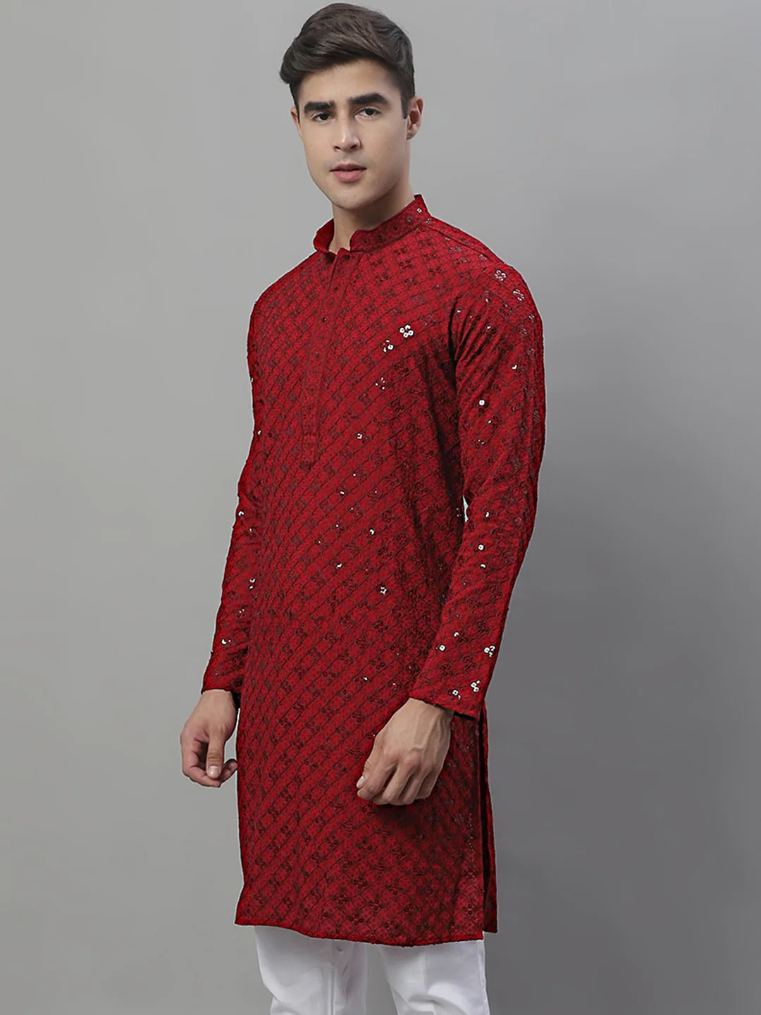 Men Maroon Chikankari Kurta