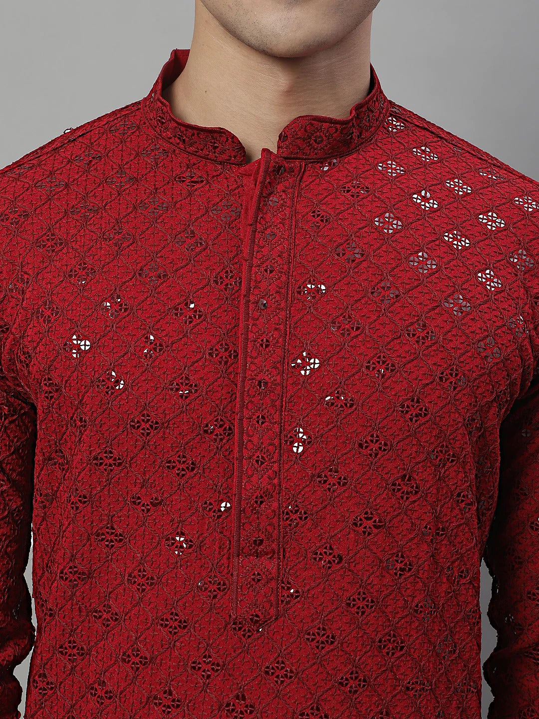 Men Maroon Chikankari Kurta