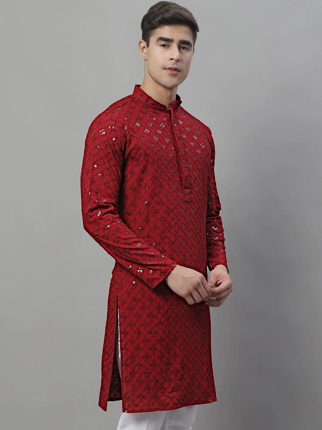 Men Maroon Chikankari Kurta