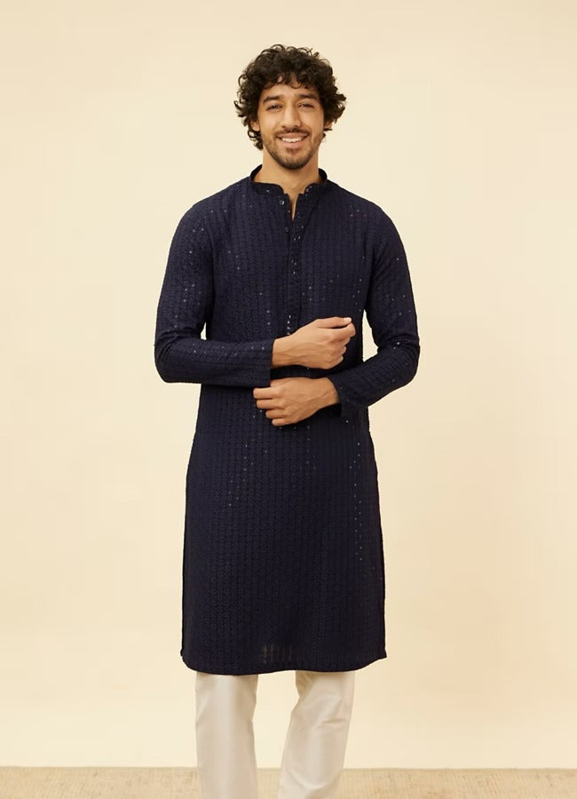 Men Navy Blue Chikankari Kurta