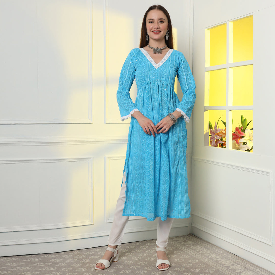 Turquoise Alia-Cut Georgette Lucknowi Chikankari Kurta Set