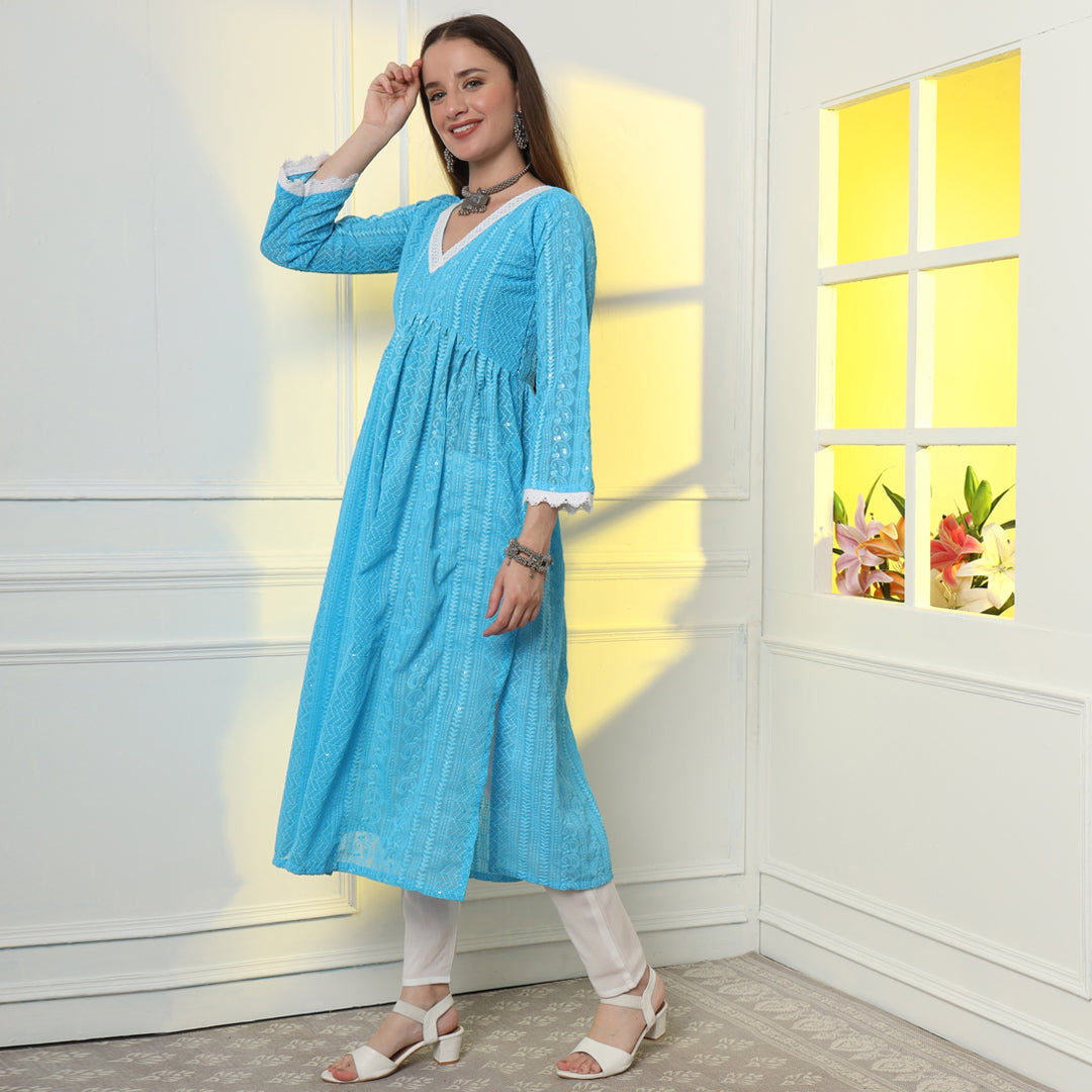 Turquoise Alia-Cut Georgette Lucknowi Chikankari Kurta Set