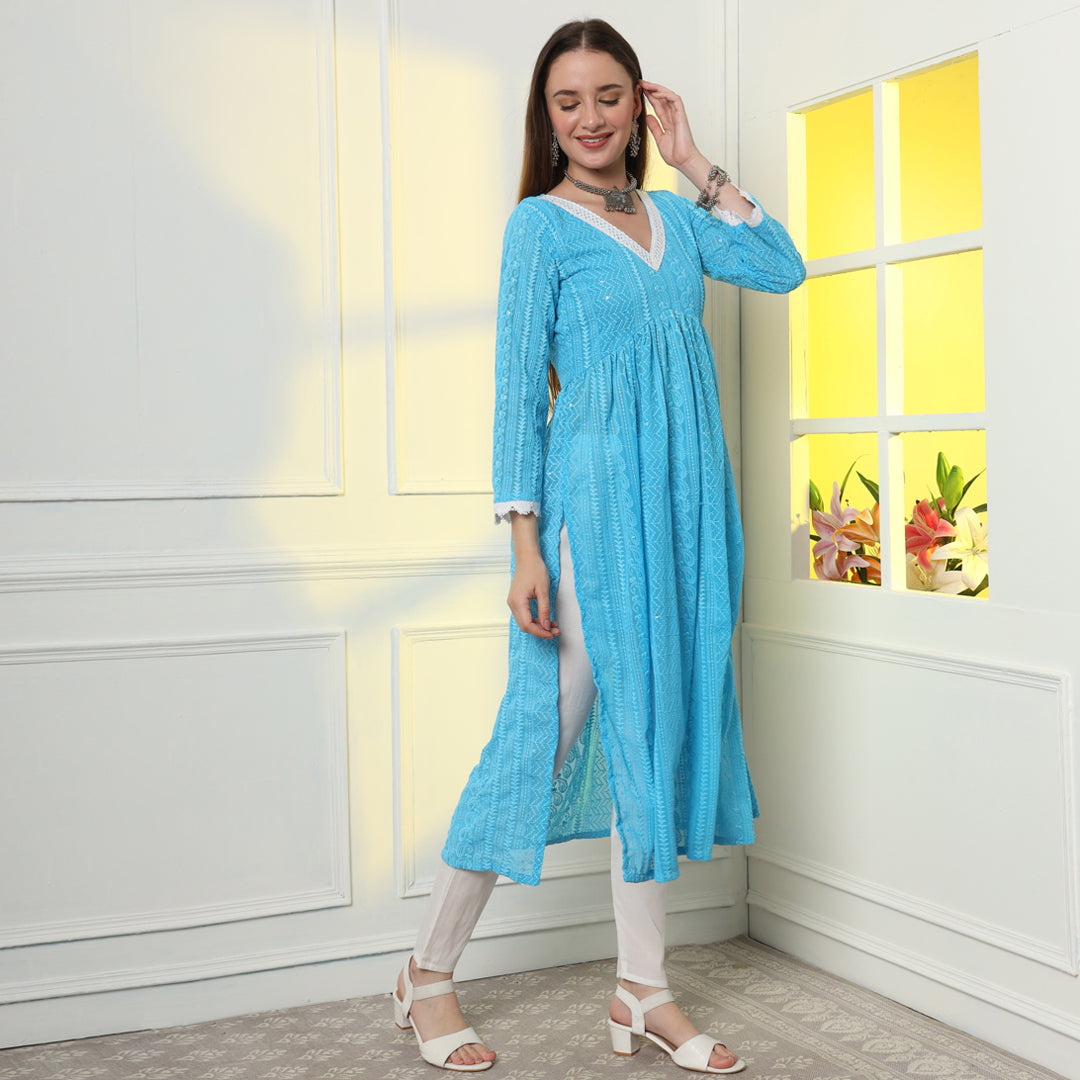 Turquoise Alia-Cut Georgette Lucknowi Chikankari Kurta Set