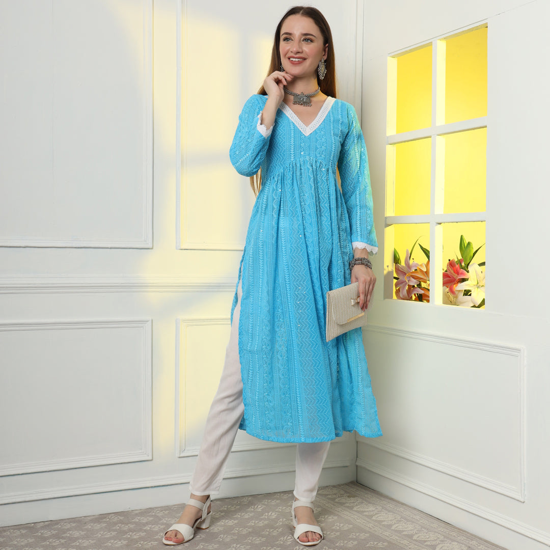 Turquoise Alia-Cut Georgette Lucknowi Chikankari Kurta Set