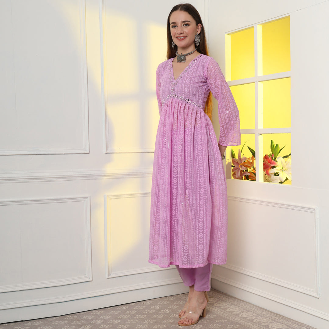 Lavender Mirror Work Alia-cut Georgette Lucknowi Chikankari Kurta Set