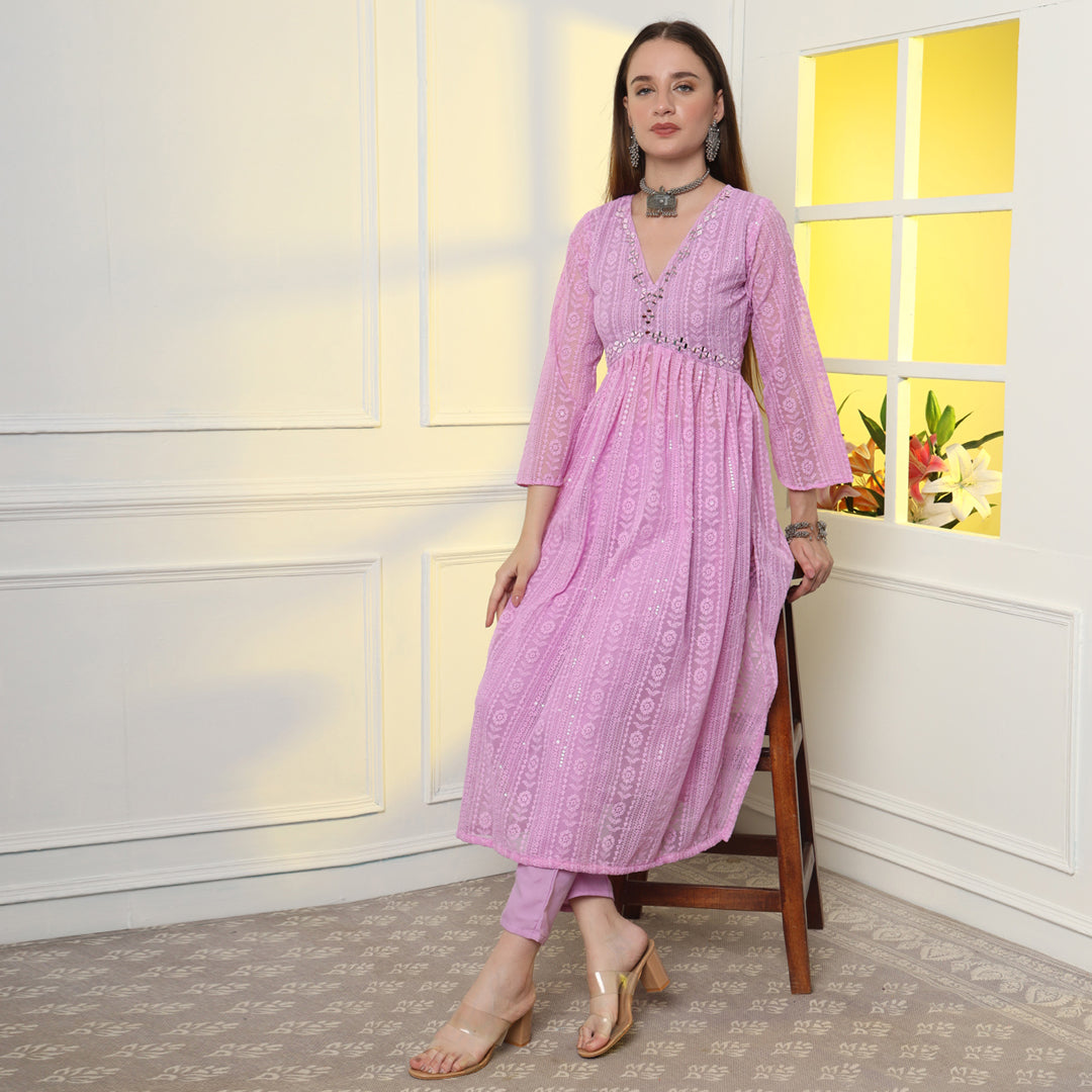 Lavender Mirror Work Alia-cut Georgette Lucknowi Chikankari Kurta Set