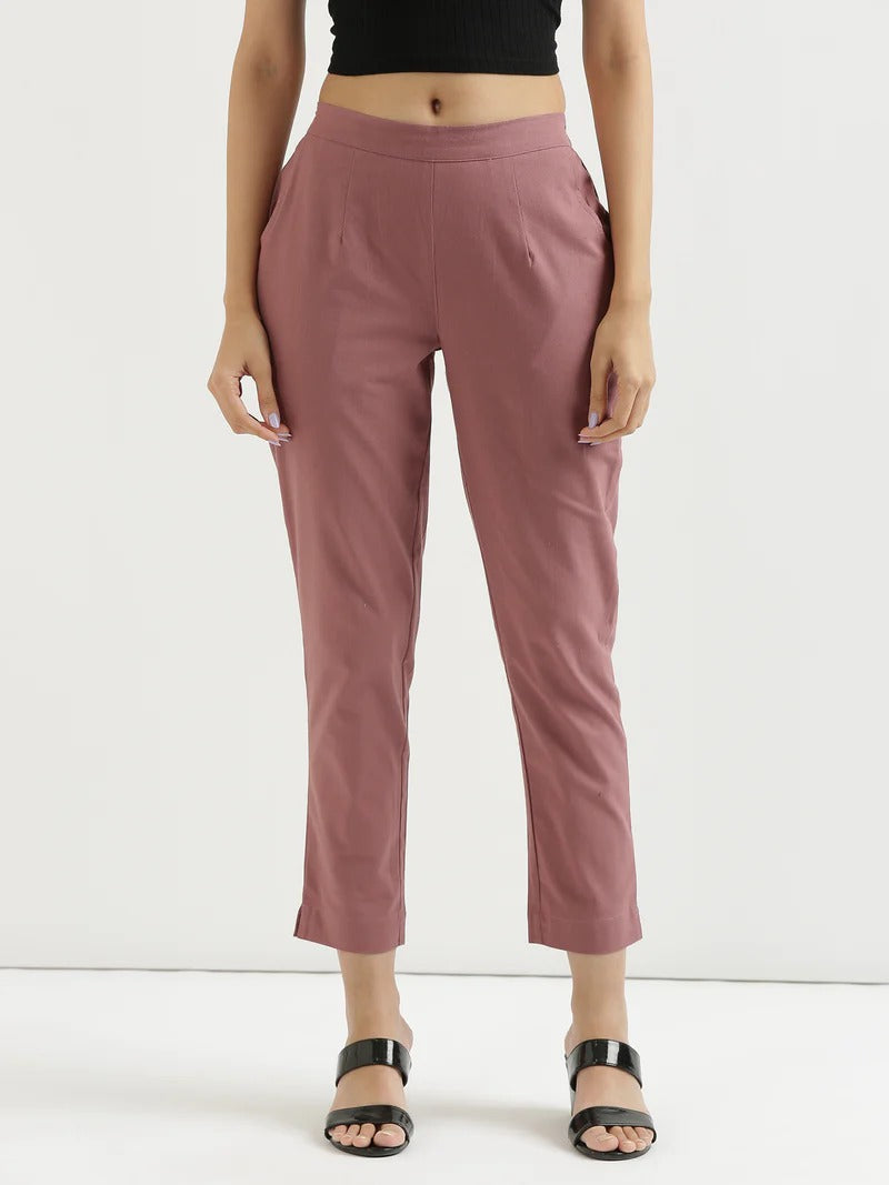 Rose Taupe High-Rise Easy Wash Pure Cotton Regular Pant