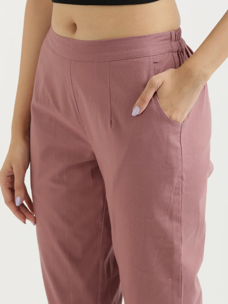 Rose Taupe High-Rise Easy Wash Pure Cotton Regular Pant