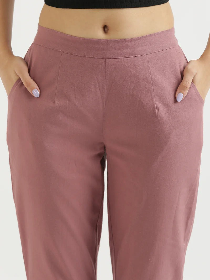 Rose Taupe High-Rise Easy Wash Pure Cotton Regular Pant