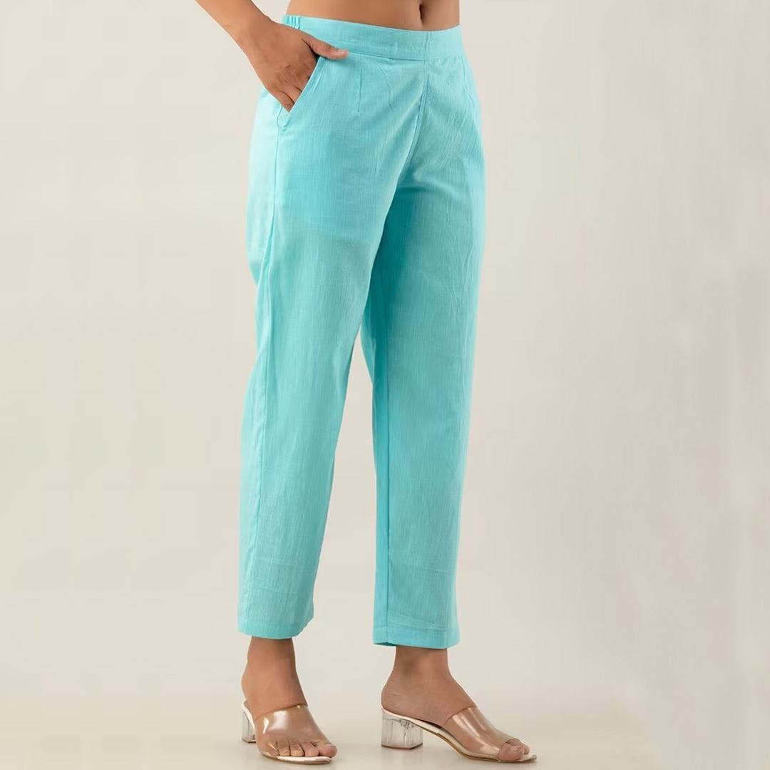 Turquoise Blue High-Rise Easy Wash Pure Cotton Regular Pant