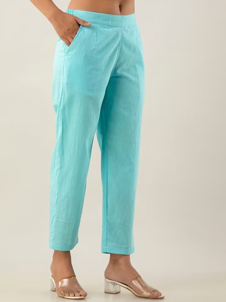 Turquoise Blue High-Rise Easy Wash Pure Cotton Regular Pant