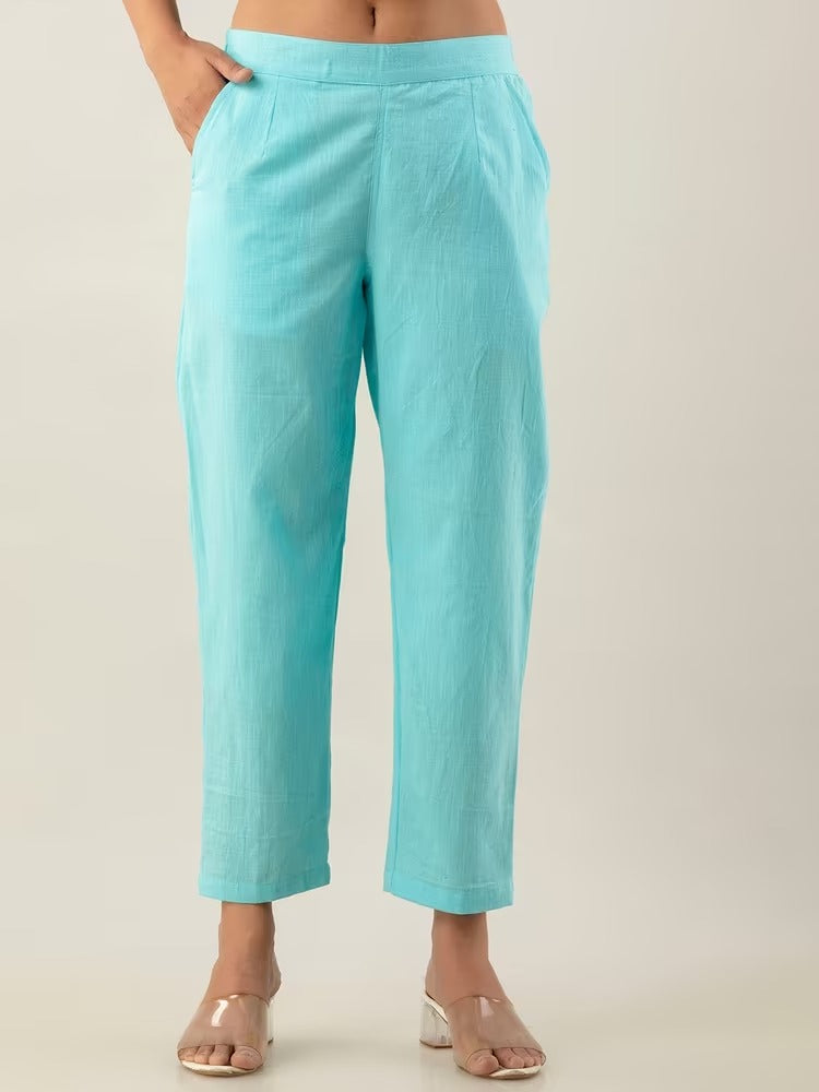 Turquoise Blue High-Rise Easy Wash Pure Cotton Regular Pant