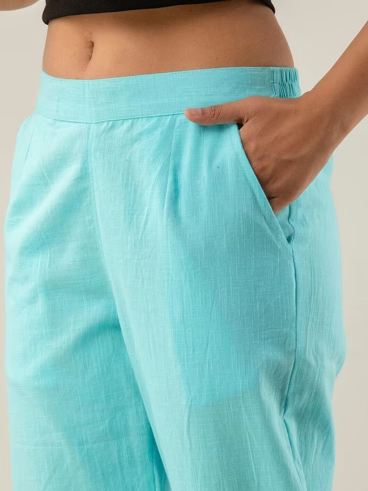 Turquoise Blue High-Rise Easy Wash Pure Cotton Regular Pant