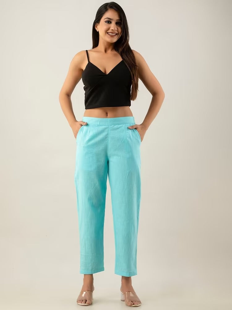 Turquoise Blue High-Rise Easy Wash Pure Cotton Regular Pant