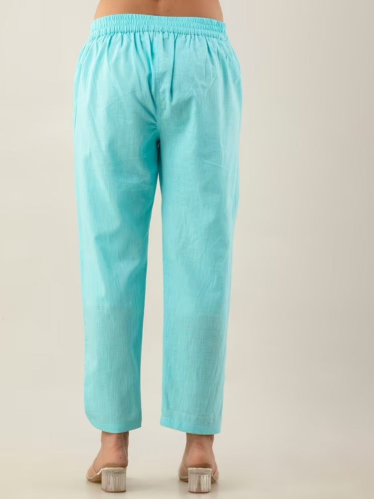 Turquoise Blue High-Rise Easy Wash Pure Cotton Regular Pant