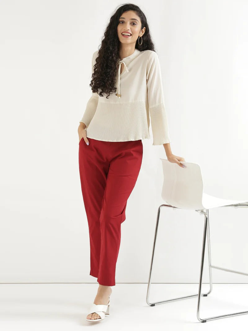 Red Cotton Elasticated Casual Pant