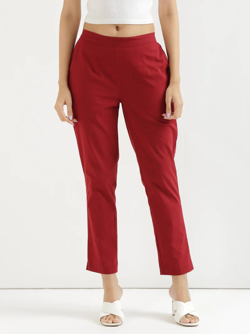 Red Cotton Elasticated Casual Pant