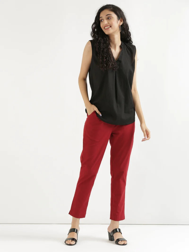 Red Cotton Elasticated Casual Pant