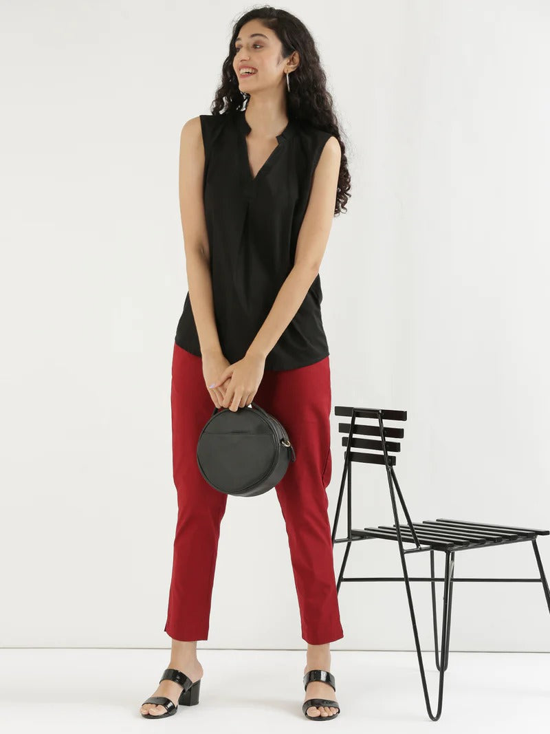 Red Cotton Elasticated Casual Pant