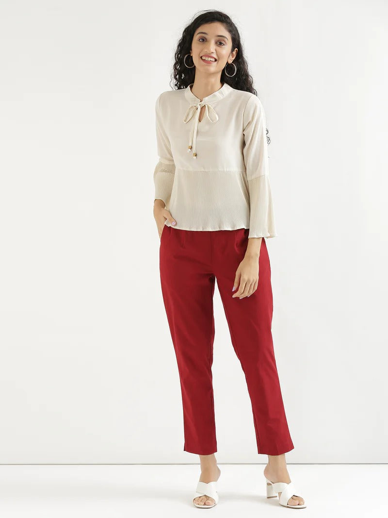 Red Cotton Elasticated Casual Pant