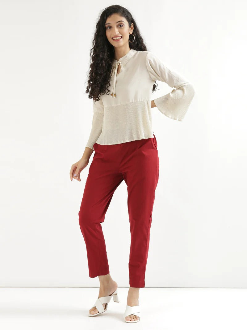 Red Cotton Elasticated Casual Pant