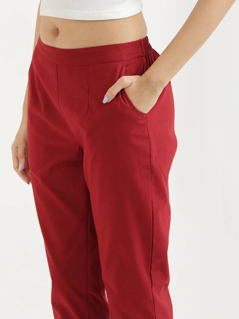 Red Cotton Elasticated Casual Pant