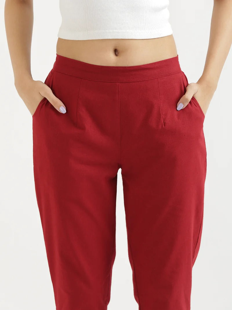 Red Cotton Elasticated Casual Pant