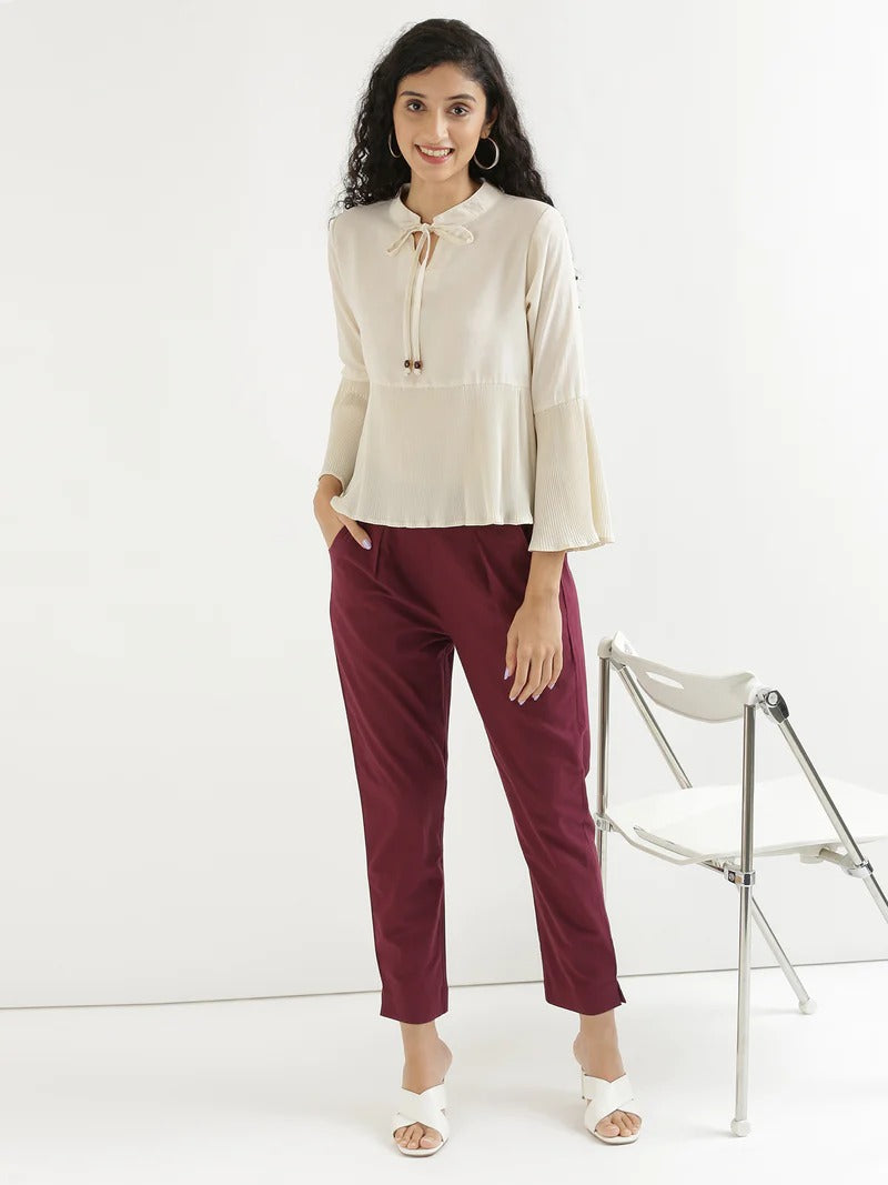 Wine High-Rise Easy Wash Pure Cotton Regular Pant