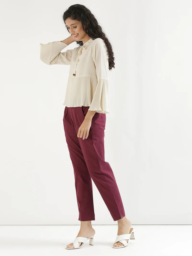 Wine High-Rise Easy Wash Pure Cotton Regular Pant