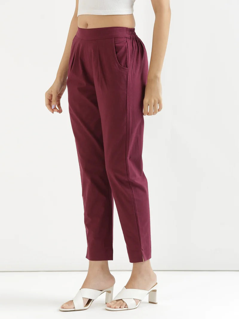 Wine High-Rise Easy Wash Pure Cotton Regular Pant