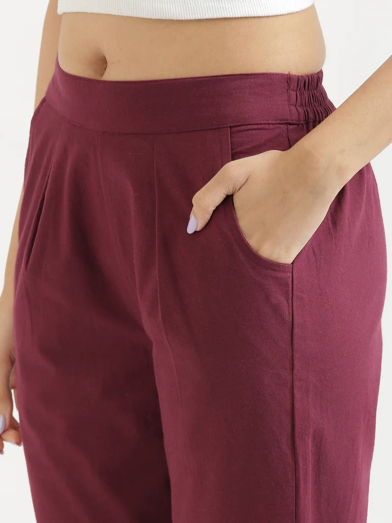 Wine High-Rise Easy Wash Pure Cotton Regular Pant