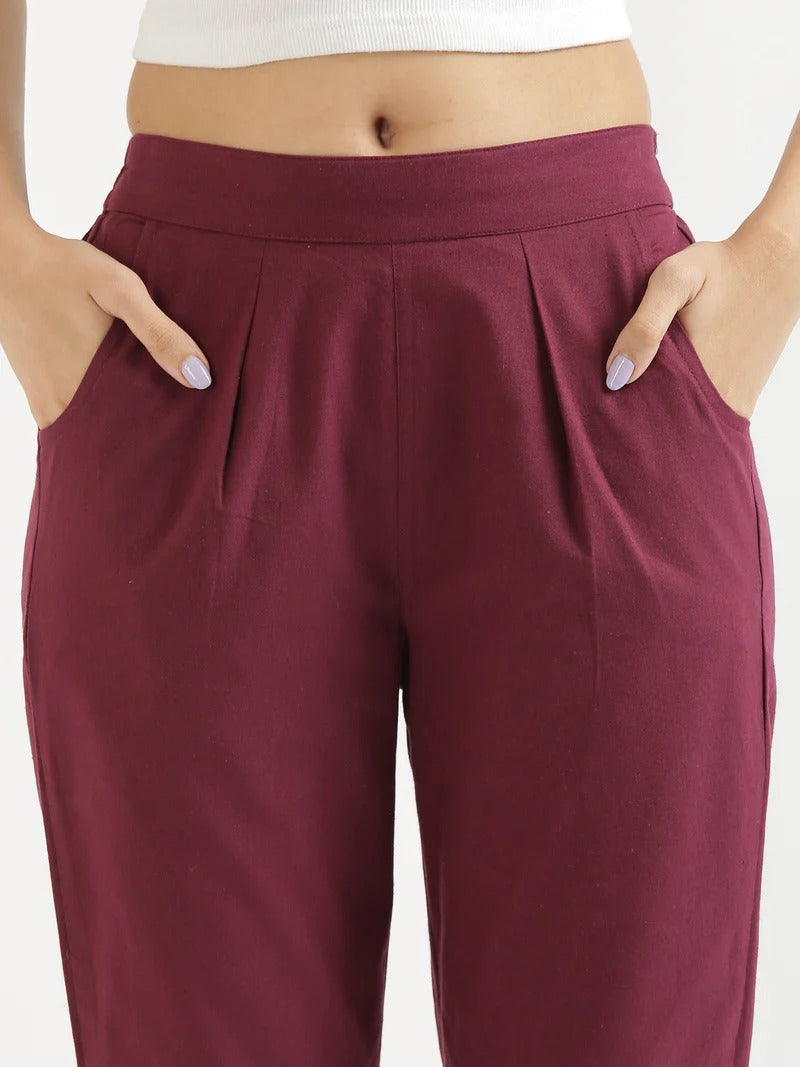 Wine High-Rise Easy Wash Pure Cotton Regular Pant