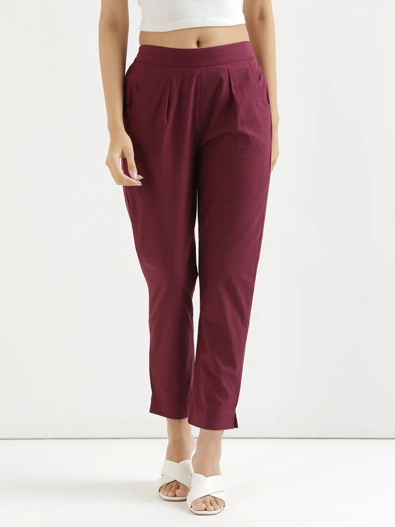 Wine High-Rise Easy Wash Pure Cotton Regular Pant