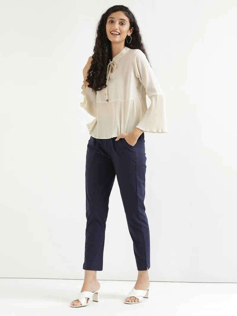 Navy Blue High-Rise Easy Wash Pure Cotton Regular Pant