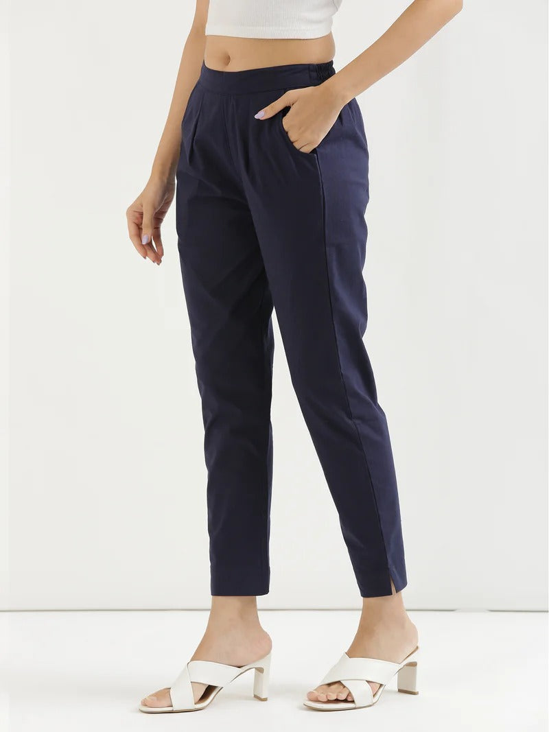 Navy Blue High-Rise Easy Wash Pure Cotton Regular Pant