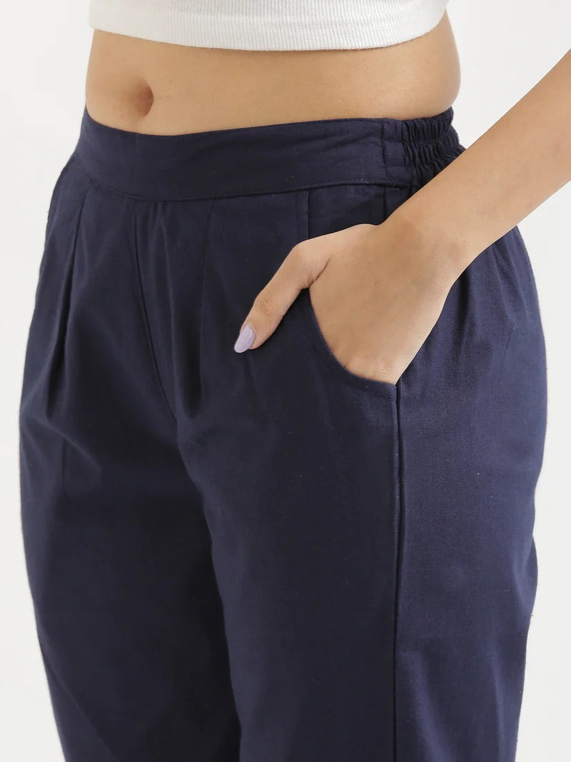 Navy Blue High-Rise Easy Wash Pure Cotton Regular Pant