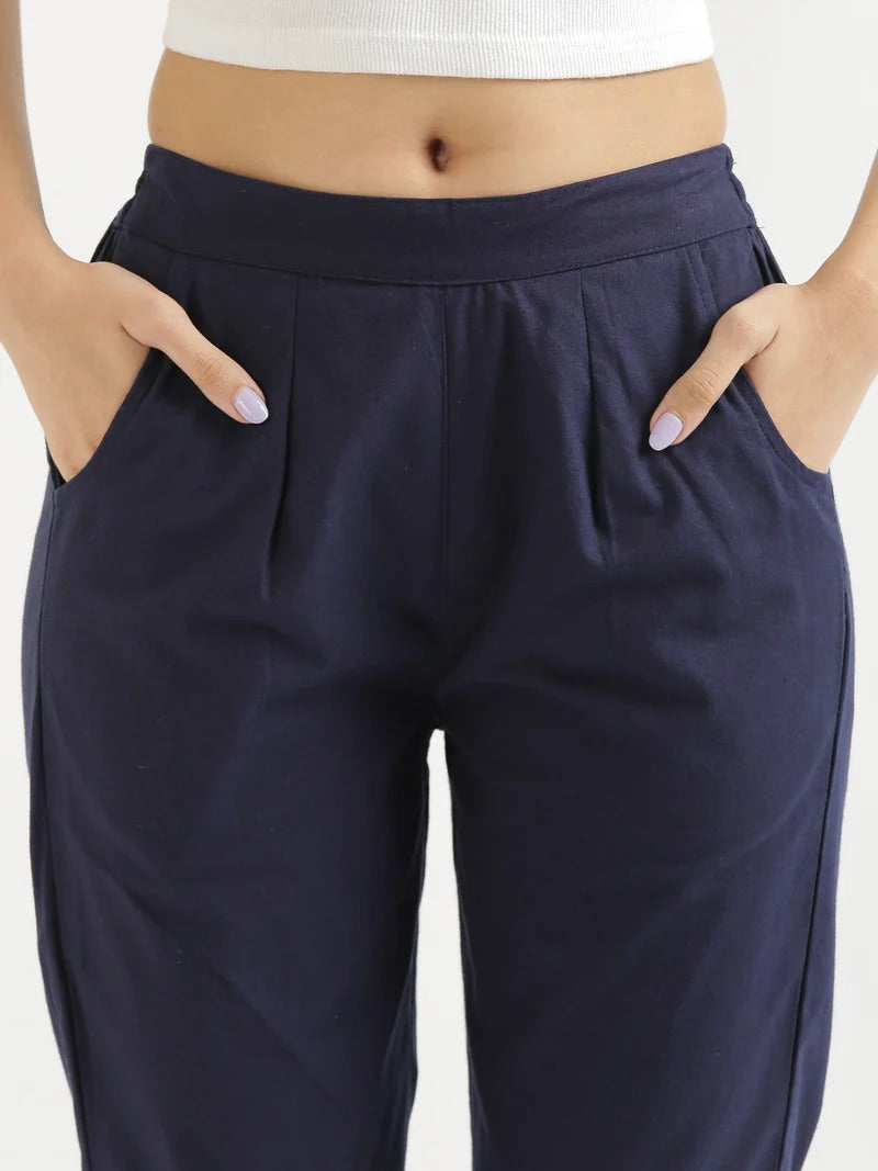 Navy Blue High-Rise Easy Wash Pure Cotton Regular Pant