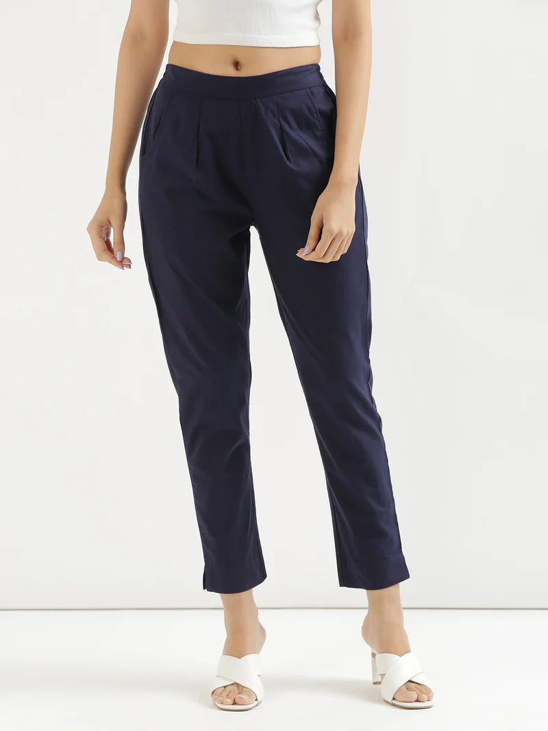 Navy Blue High-Rise Easy Wash Pure Cotton Regular Pant