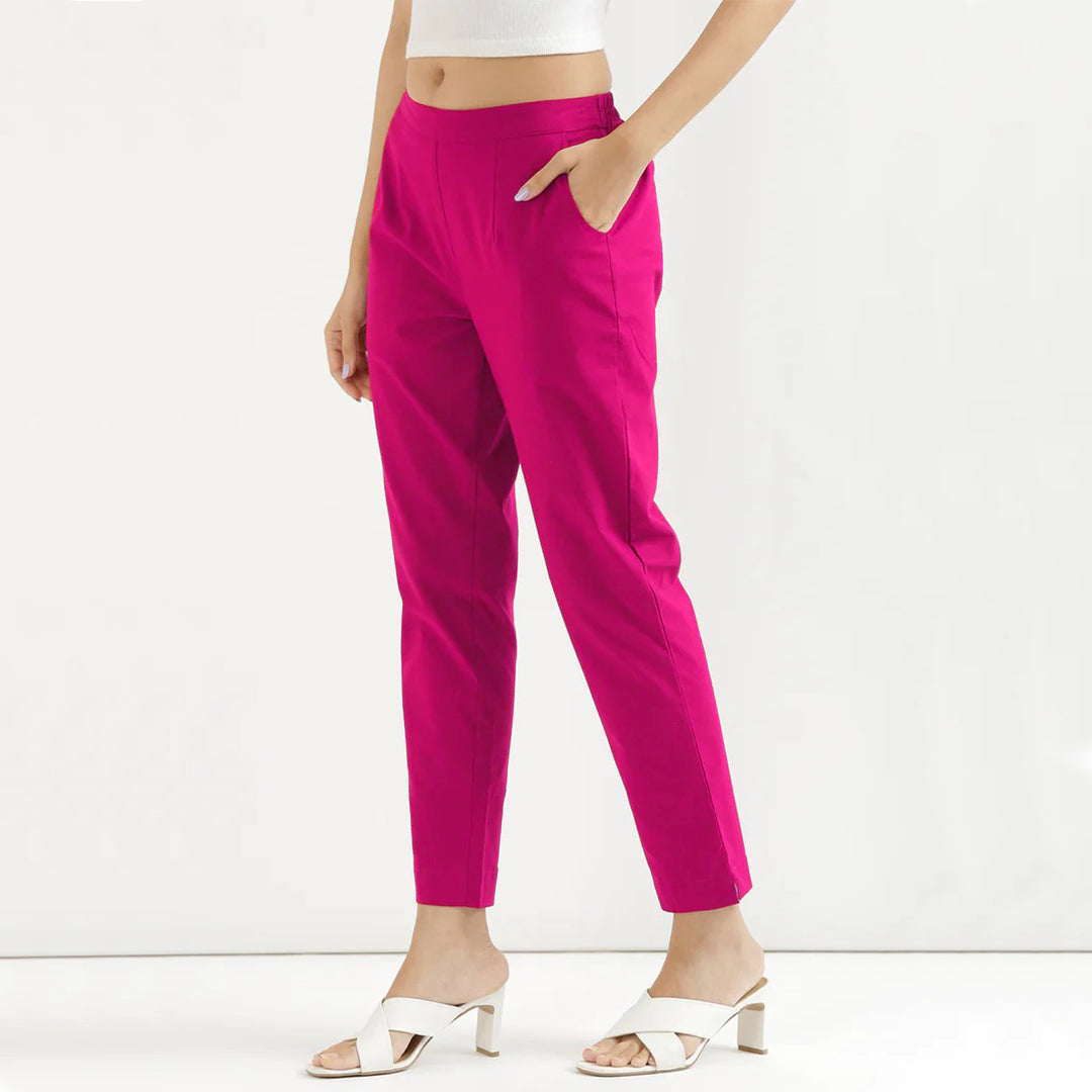 Magenta High-Rise Easy Wash Pure Cotton Regular Pant