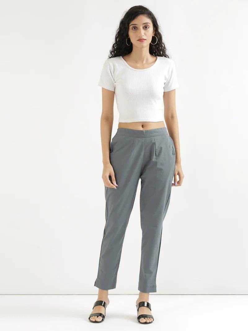 Grey High-Rise Easy Wash Pure Cotton Regular Pant