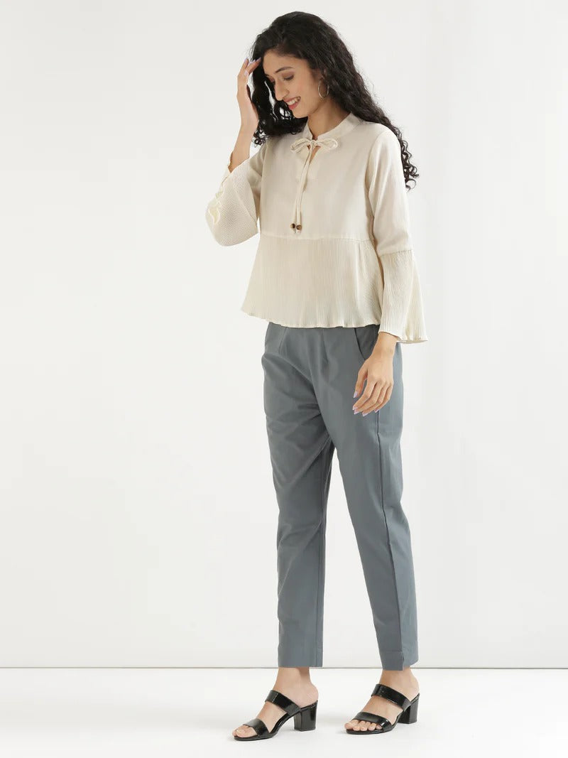 Grey High-Rise Easy Wash Pure Cotton Regular Pant