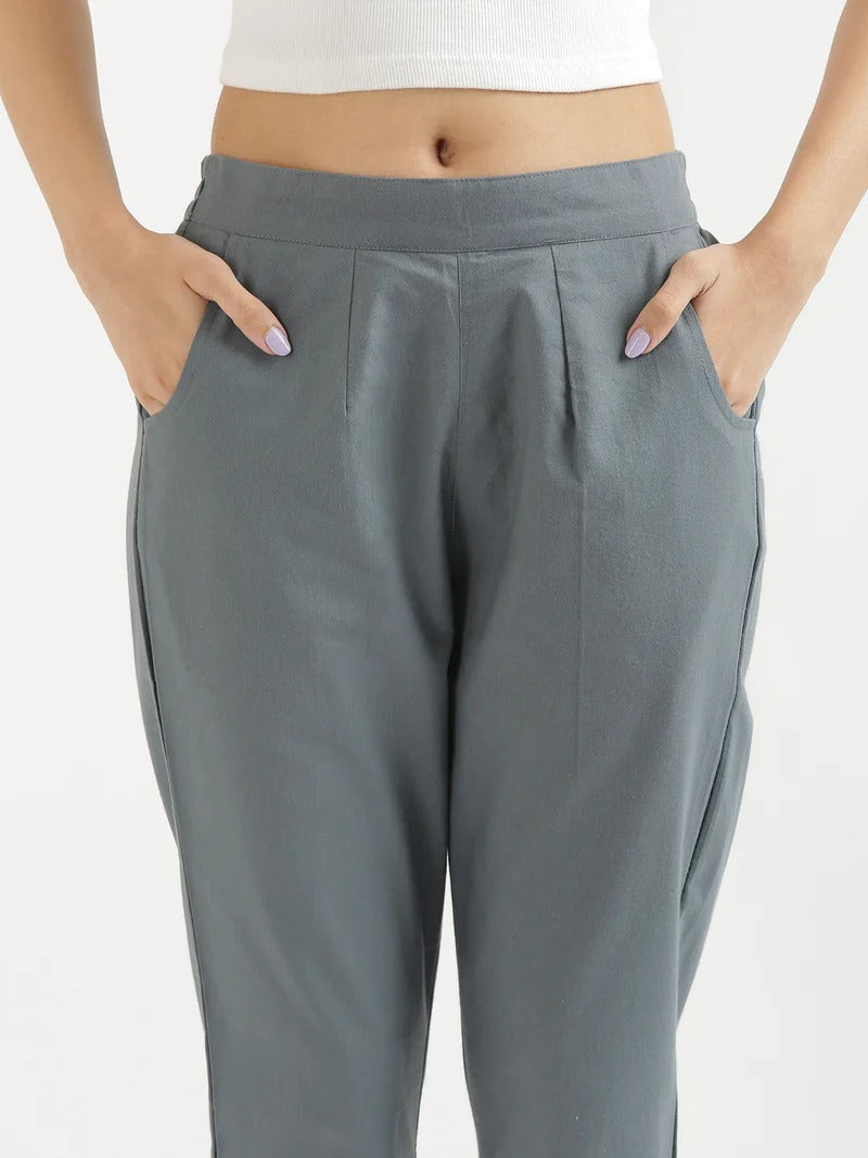 Grey High-Rise Easy Wash Pure Cotton Regular Pant