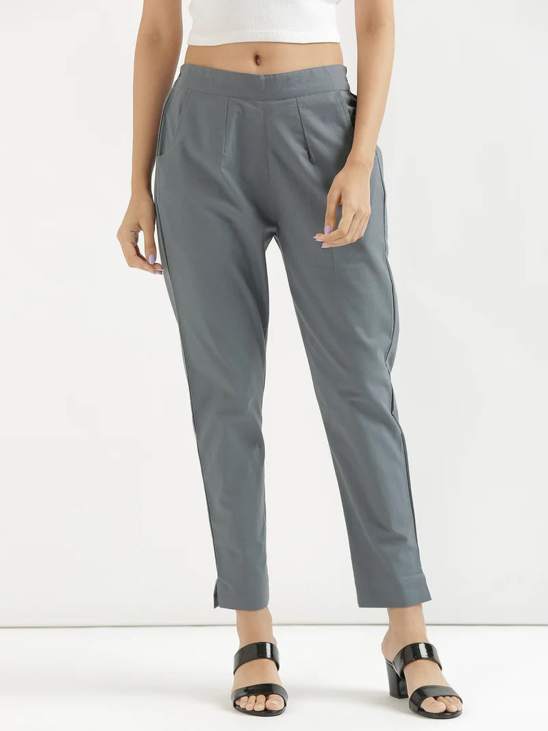 Grey High-Rise Easy Wash Pure Cotton Regular Pant