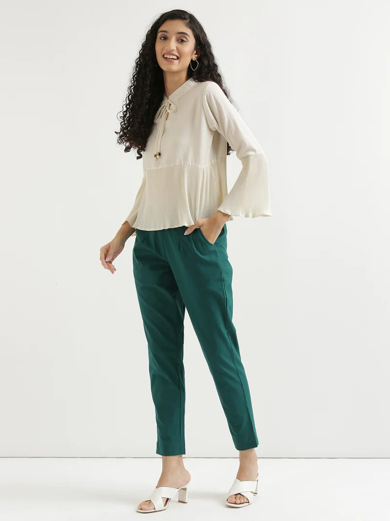 Green High-Rise Easy Wash Pure Cotton Regular Pant